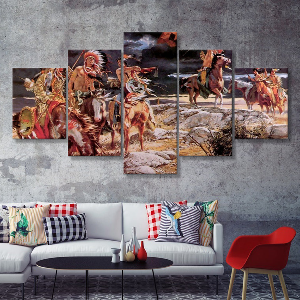Indian Native_American_Painting Art 5 Pieces Canvas Prints Wall Art - Painting Canvas, Multi Panels, Wall Decor
