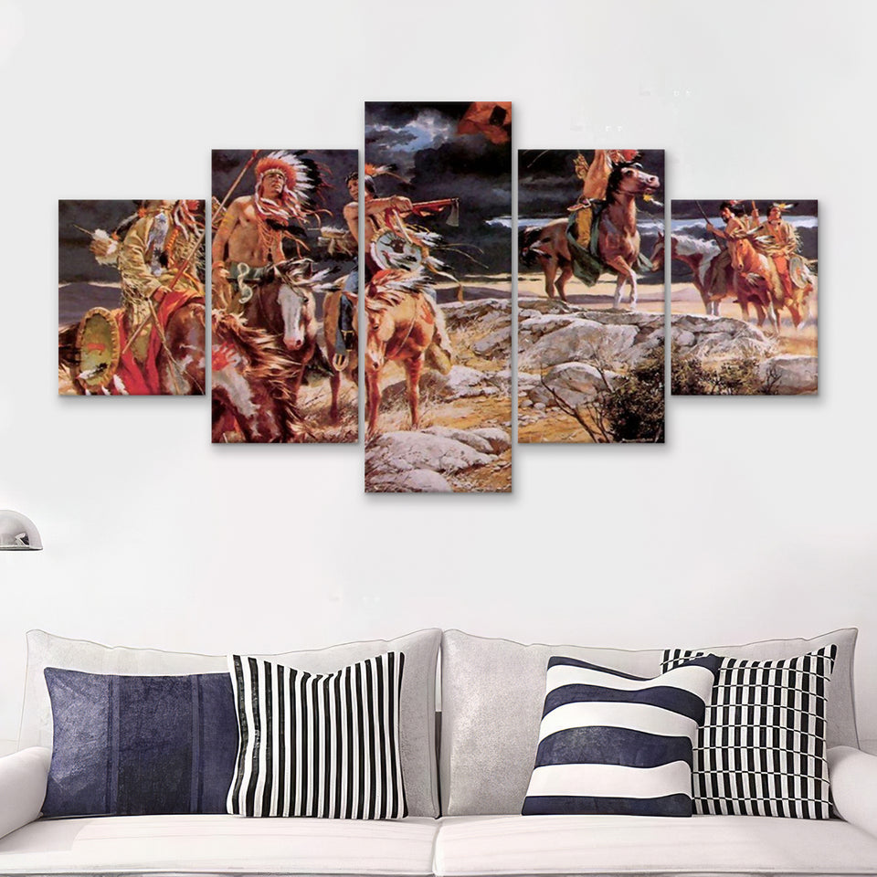 Indian Native_American_Painting Art 5 Pieces Canvas Prints Wall Art - Painting Canvas, Multi Panels, Wall Decor