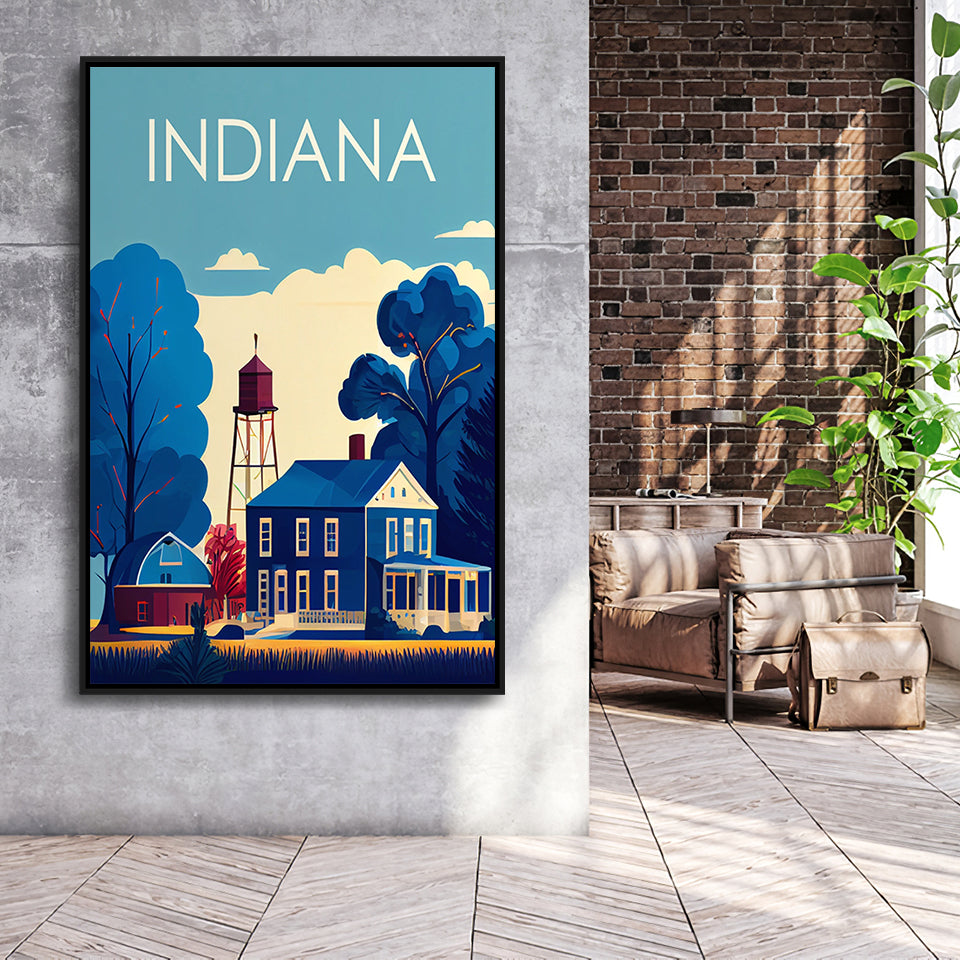 Indiana Retro Art Print, Large Canvas, Framed Canvas Print Wall Art Home Decor, Floating Frame