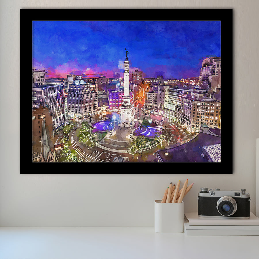 Indianapolis Indiana Usa Skyline Over Monument City Art Watercolor Framed Art Prints Wall Art Decor,Framed Picture