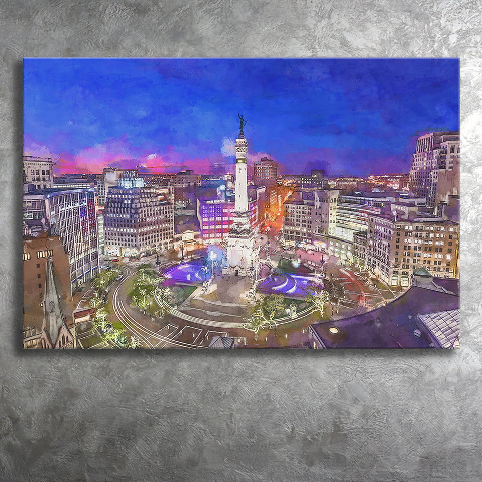 Indianapolis Indiana Usa Skyline Over Monument City Art Watercolor Canvas Prints Wall Art Home Decor, Large Canvas
