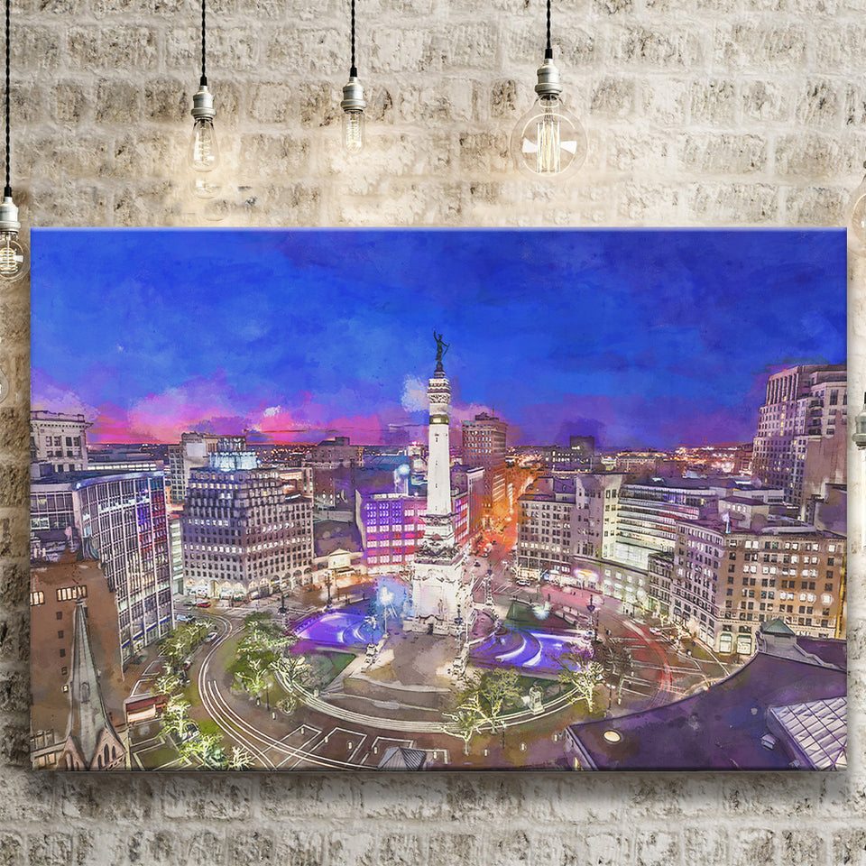Indianapolis Indiana Usa Skyline Over Monument City Art Watercolor Canvas Prints Wall Art Home Decor, Large Canvas