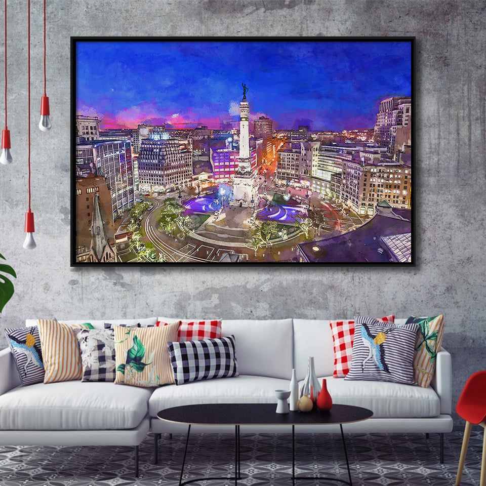 Indianapolis Indiana Usa Skyline Over Monument City Art Watercolor Framed Canvas Prints Wall Art Home Decor,Floating Frame