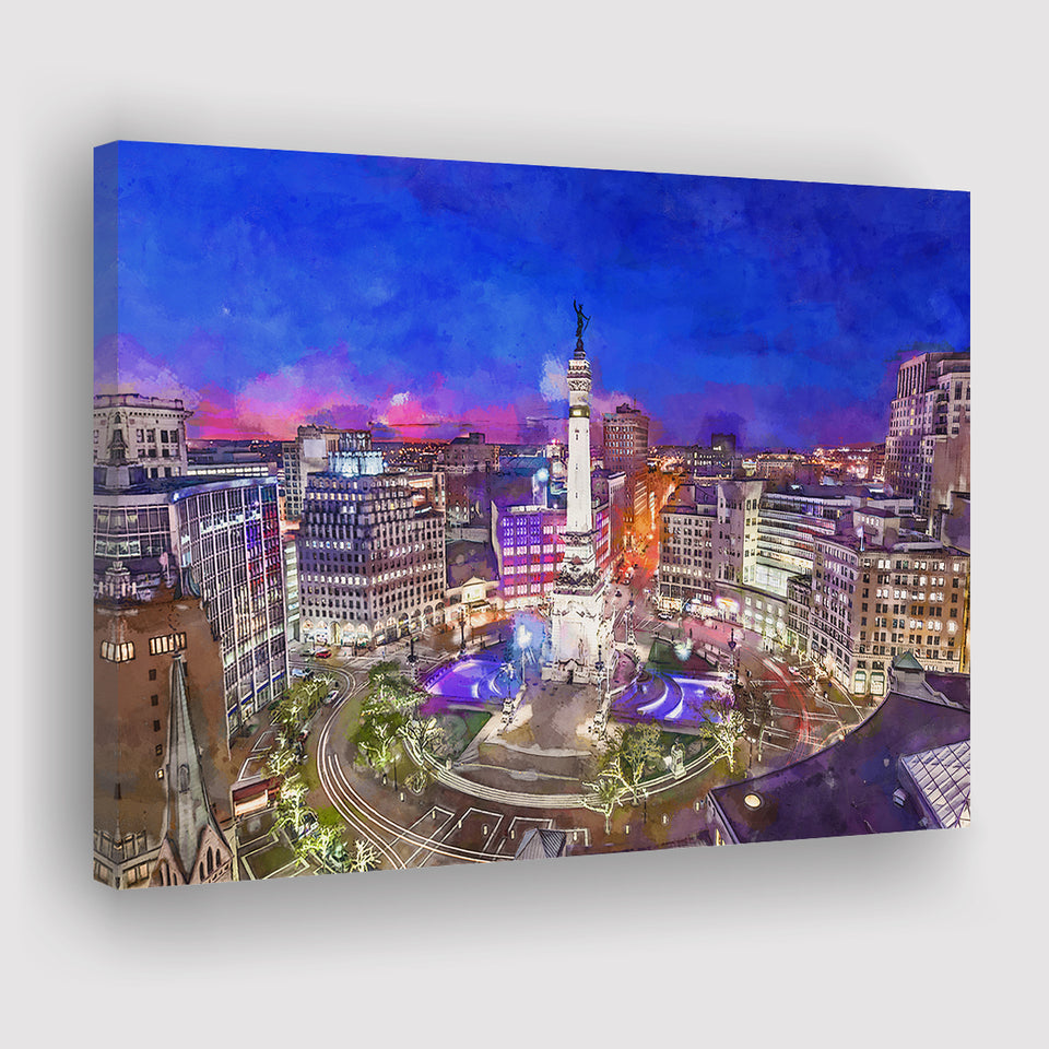 Indianapolis Indiana Usa Skyline Over Monument City Art Watercolor Canvas Prints Wall Art Home Decor, Large Canvas