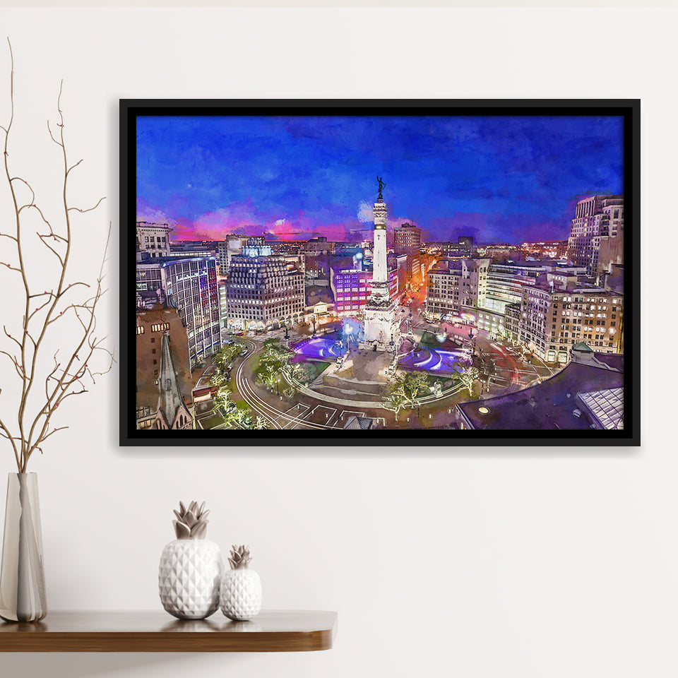 Indianapolis Indiana Usa Skyline Over Monument City Art Watercolor Framed Canvas Prints Wall Art Home Decor,Floating Frame