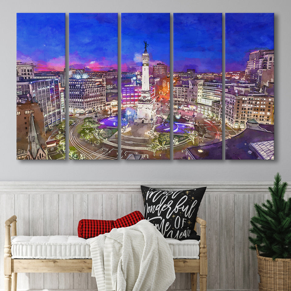Indianapolis Indiana Usa Skyline Over Monument 5 Pieces Extra Large Canvas Prints Wall Art Home Decor