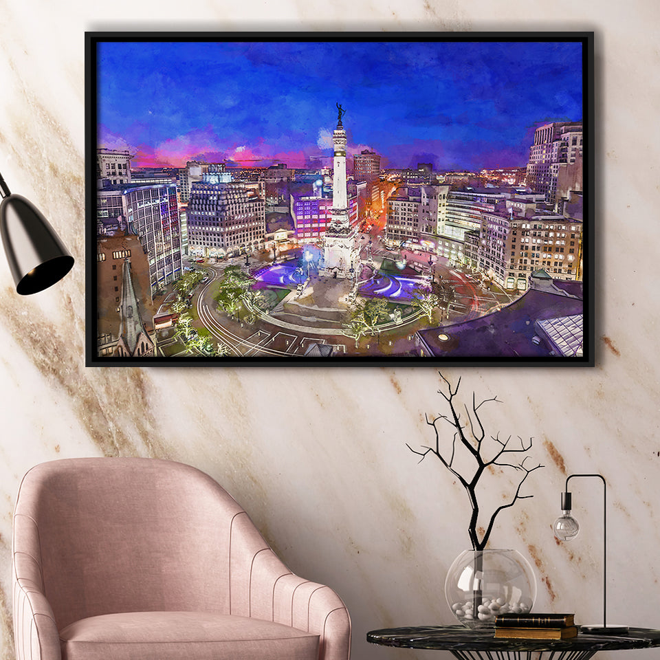 Indianapolis Indiana Usa Skyline Over Monument City Art Watercolor Framed Canvas Prints Wall Art Home Decor,Floating Frame