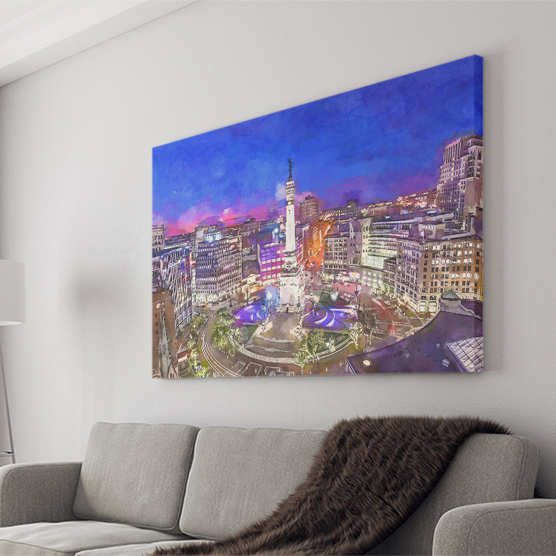 Indianapolis Indiana Usa Skyline Over Monument City Art Watercolor Canvas Prints Wall Art Home Decor, Large Canvas