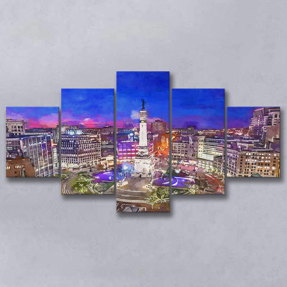 Indianapolis Indiana Usa Skyline Over Monument 5 Pieces Mixed Canvas Prints Wall Art Home Decor