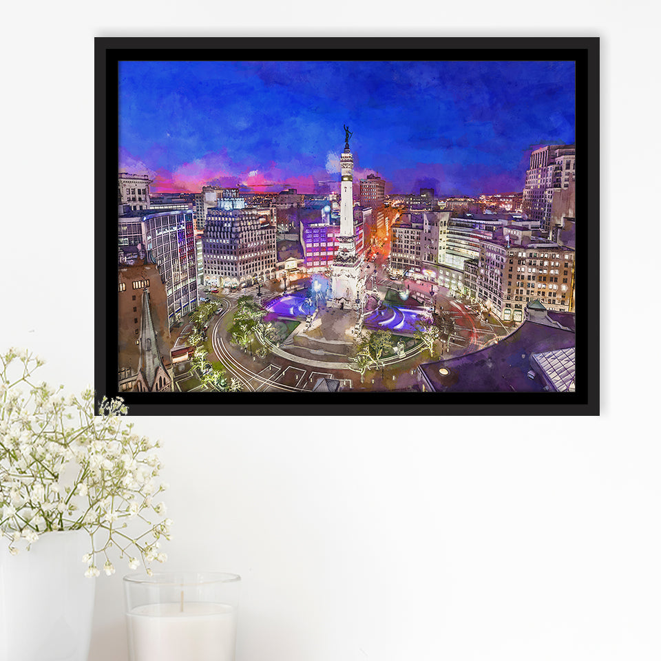 Indianapolis Indiana Usa Skyline Over Monument City Art Watercolor Framed Canvas Prints Wall Art Home Decor,Floating Frame