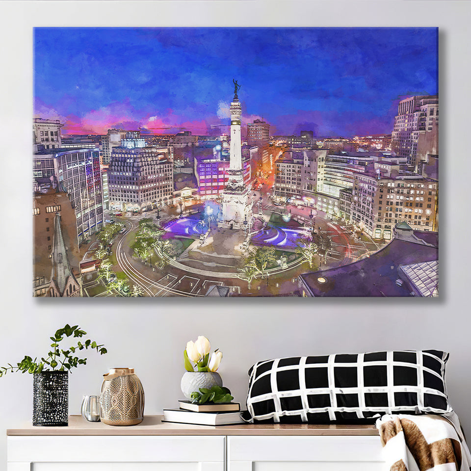 Indianapolis Indiana Usa Skyline Over Monument City Art Watercolor Canvas Prints Wall Art Home Decor, Large Canvas