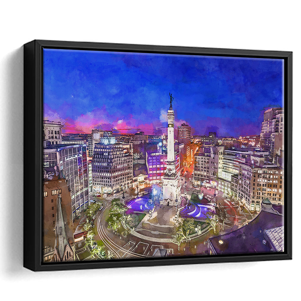 Indianapolis Indiana Usa Skyline Over Monument City Art Watercolor Framed Canvas Prints Wall Art Home Decor,Floating Frame