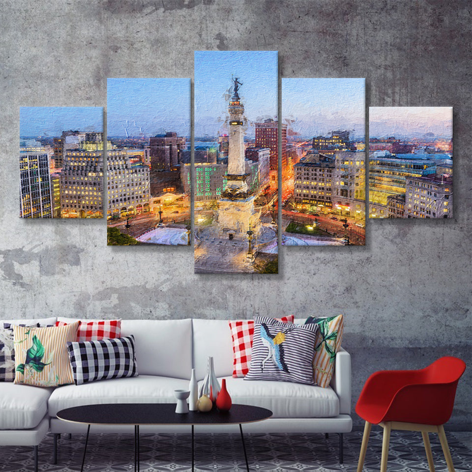 Indianapolis Skyline Over Monument 5 Piece Canvas Prints Wall Art Decor - Painting Canvas, Multi Panels