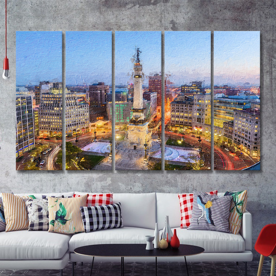 Indianapolis Skyline Over Monument 5 Piece B Canvas Prints Wall Art Decor - Painting Canvas, Multi Panels