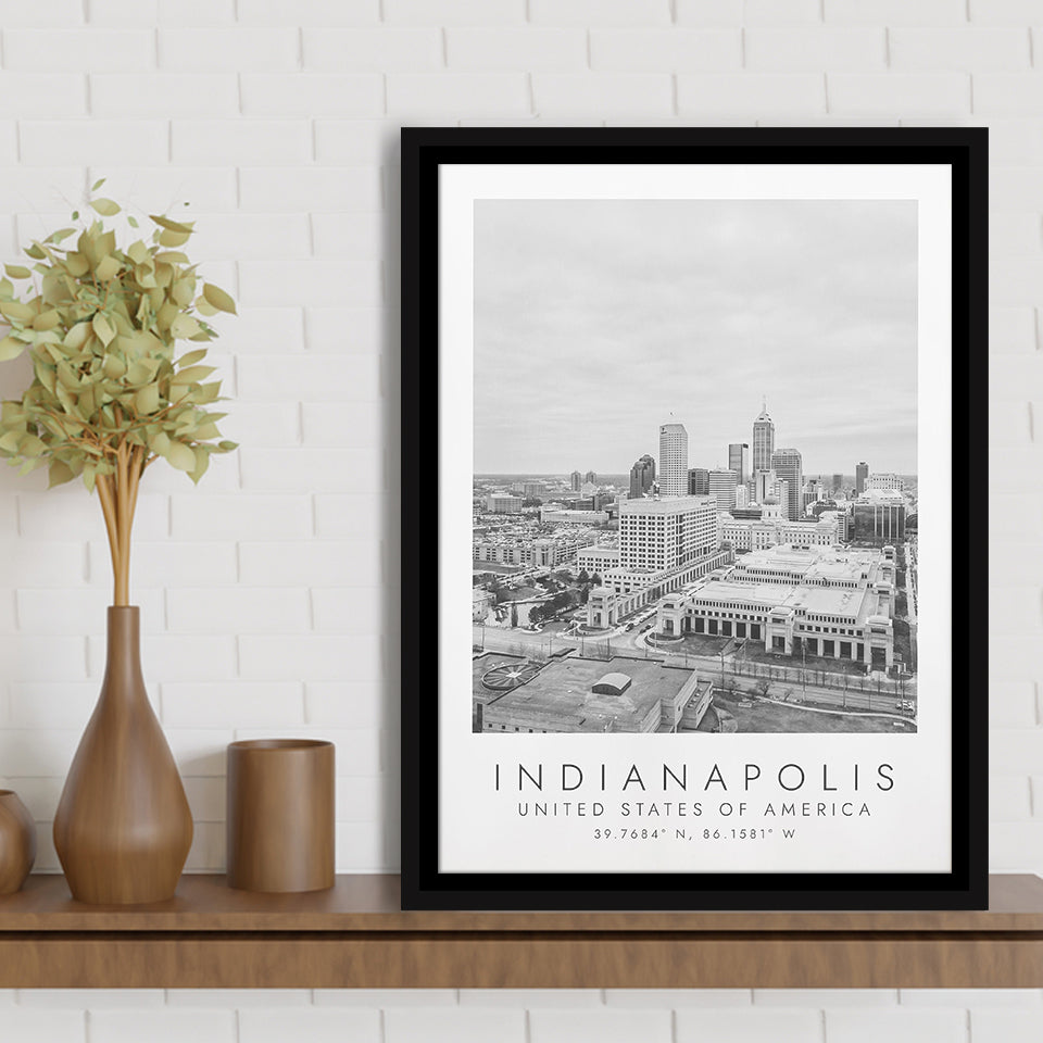Indianapolis Usa Black And White Art Framed Canvas Prints Wall Art Home Decor, Floating Frame