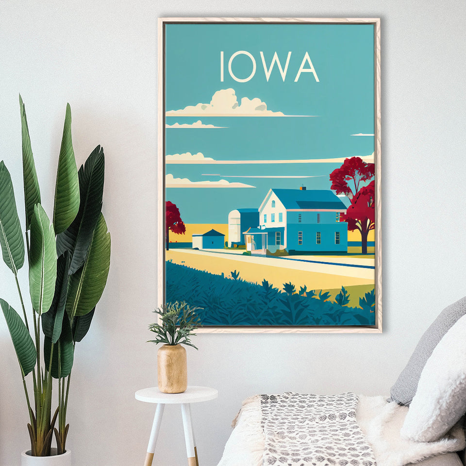 Iowa Retro Art Print, Large Canvas, Framed Canvas Print Wall Art Home Decor, Floating Frame