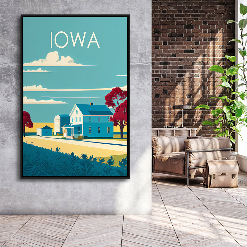 Iowa Retro Art Print, Large Canvas, Framed Canvas Print Wall Art Home Decor, Floating Frame