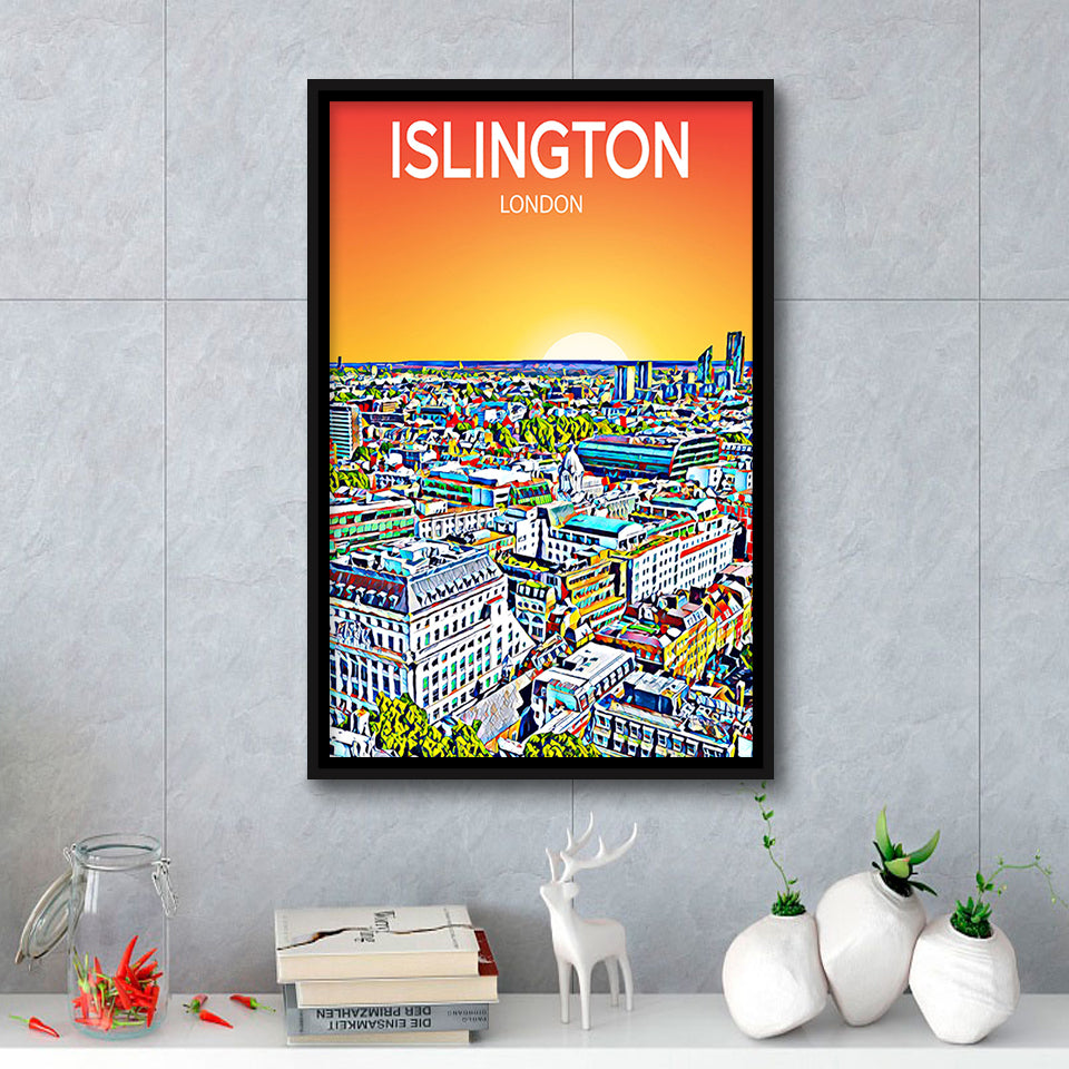 Islington London Art Sunset Art Print, Large Canvas, Framed Canvas Print Wall Art Home Decor, Floating Frame
