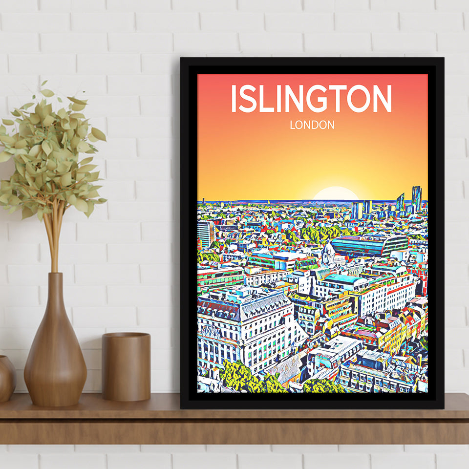 Islington London Art Sunset Art Print, Large Canvas, Framed Canvas Print Wall Art Home Decor, Floating Frame