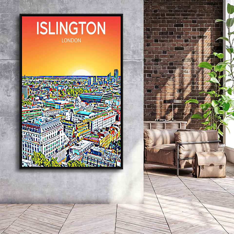 Islington London Art Sunset Art Print, Large Canvas, Framed Canvas Print Wall Art Home Decor, Floating Frame