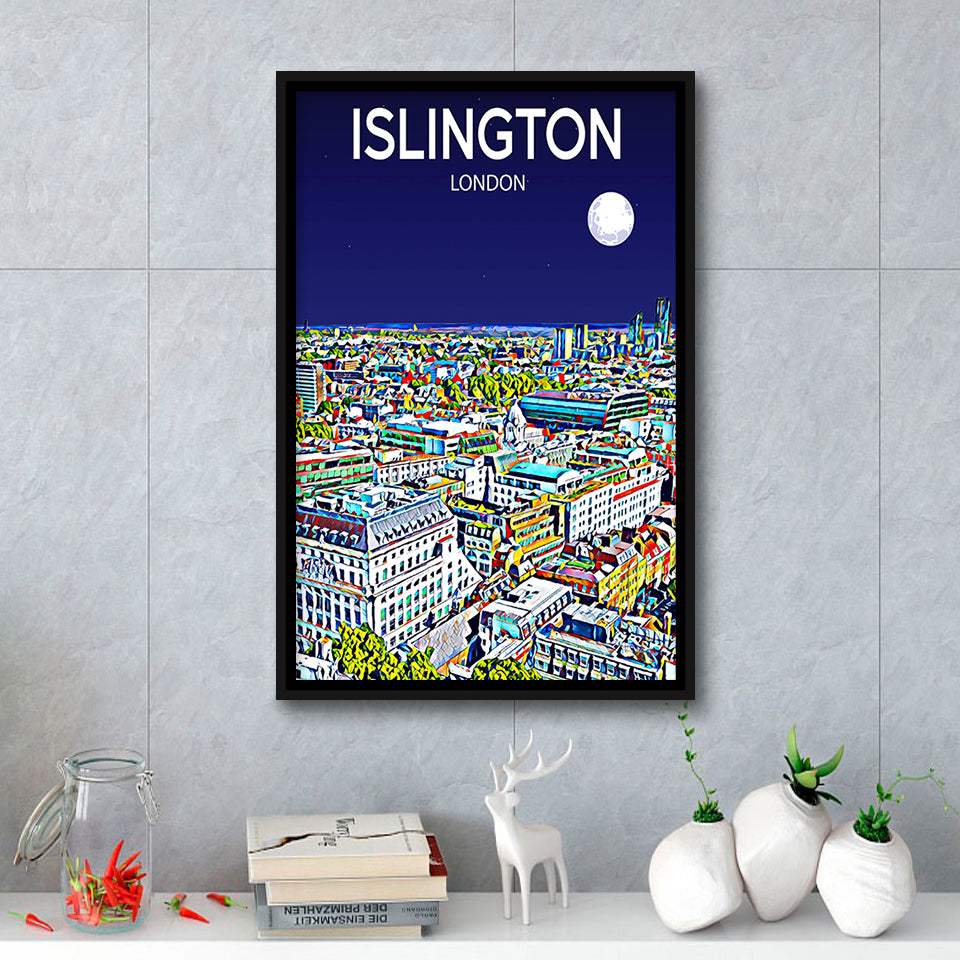 Islington London Art Night Art Print, Large Canvas, Framed Canvas Print Wall Art Home Decor, Floating Frame