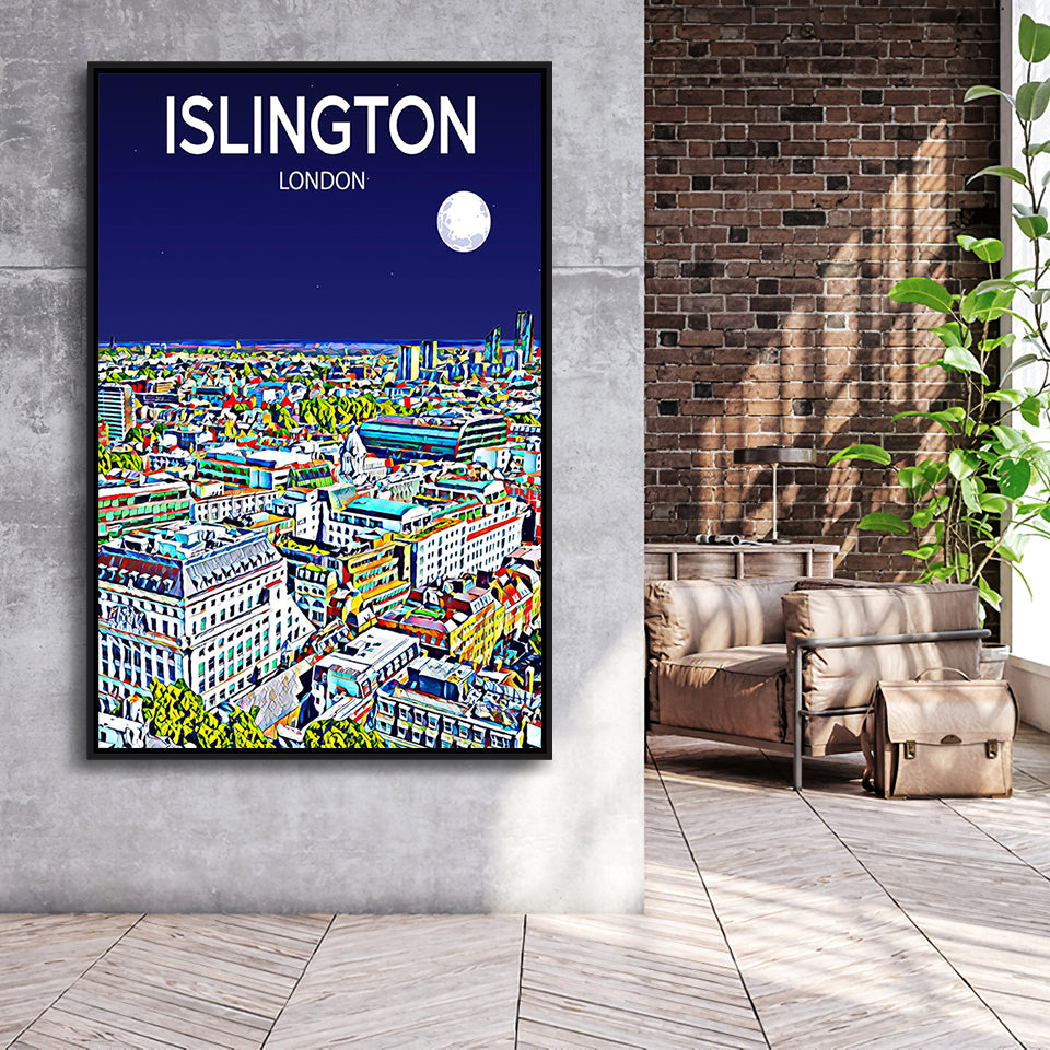 Islington London Art Night Art Print, Large Canvas, Framed Canvas Print Wall Art Home Decor, Floating Frame