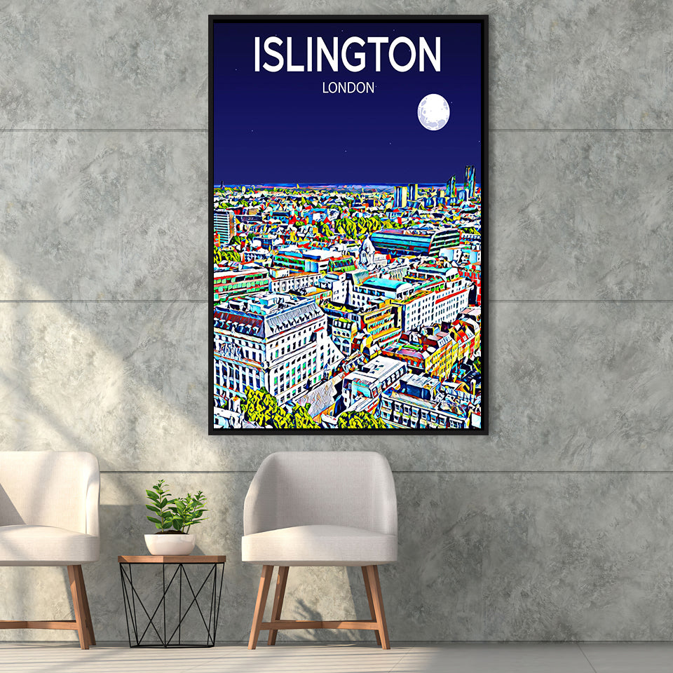 Islington London Art Night Art Print, Large Canvas, Framed Canvas Print Wall Art Home Decor, Floating Frame
