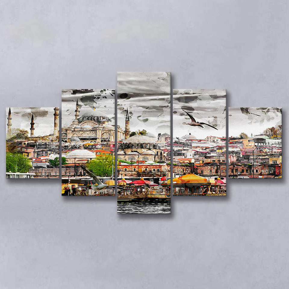 Istanbul, Blue Mosque, Istanbul Skyline, Multi Panels, 5 Pieces, Canvas Prints Wall Art Home Decor