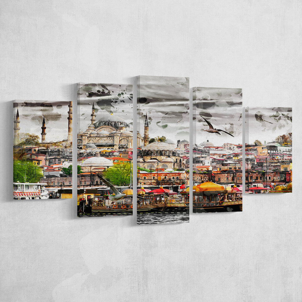 Istanbul, Blue Mosque, Istanbul Skyline, Multi Panels, 5 Pieces, Canvas Prints Wall Art Home Decor