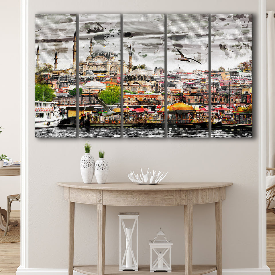 Istanbul, Blue Mosque, Istanbul Skyline, Multi Panels, 5 Pieces B, Canvas Prints Wall Art Home Decor,X Large Canvas