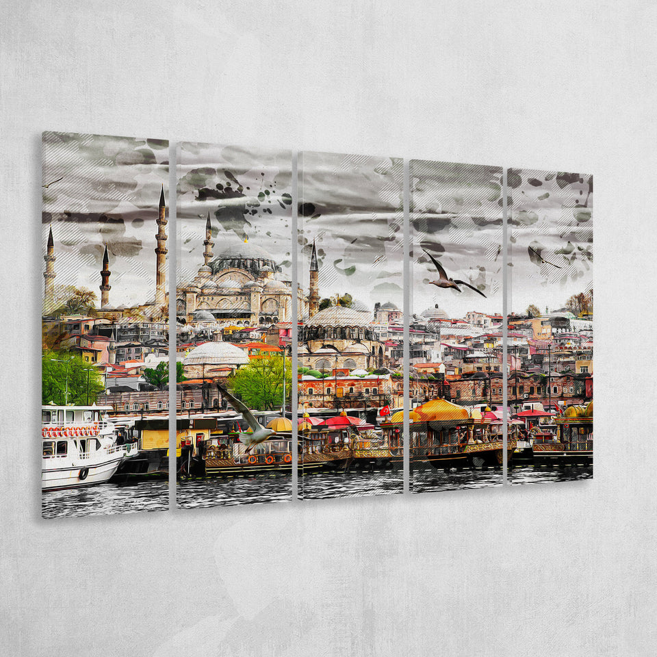 Istanbul, Blue Mosque, Istanbul Skyline, Multi Panels, 5 Pieces B, Canvas Prints Wall Art Home Decor,X Large Canvas