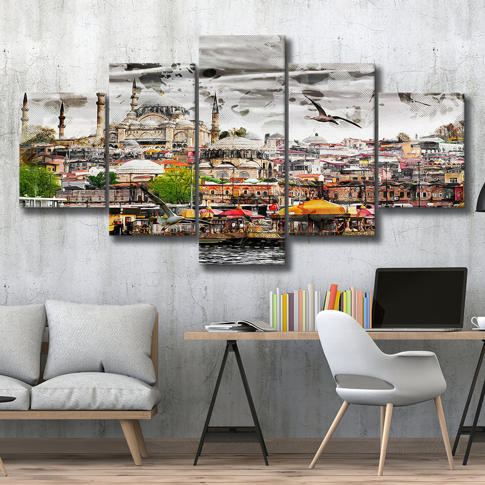 Istanbul, Blue Mosque, Istanbul Skyline, Multi Panels, 5 Pieces, Canvas Prints Wall Art Home Decor