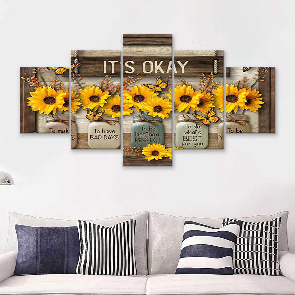 Its Okay Sunflower 5 Pieces Canvas Prints Wall Art - Painting Canvas, Multi Panel
