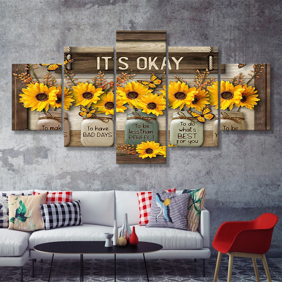 Its Okay Sunflower 5 Pieces Canvas Prints Wall Art - Painting Canvas, Multi Panel