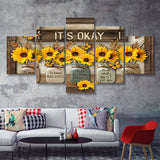 Its Okay Sunflower 5 Pieces Canvas Prints Wall Art - Painting Canvas, Multi Panel