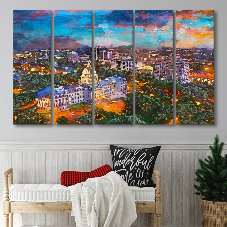 Jackson Mississippi Usa Skyline Over Capitol 5 Pieces Extra Large Canvas Prints Wall Art Home Decor