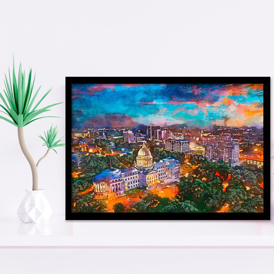 Jackson Mississippi Usa Skyline Over Capitol City Art Watercolor Framed Art Prints Wall Art Decor,Framed Picture