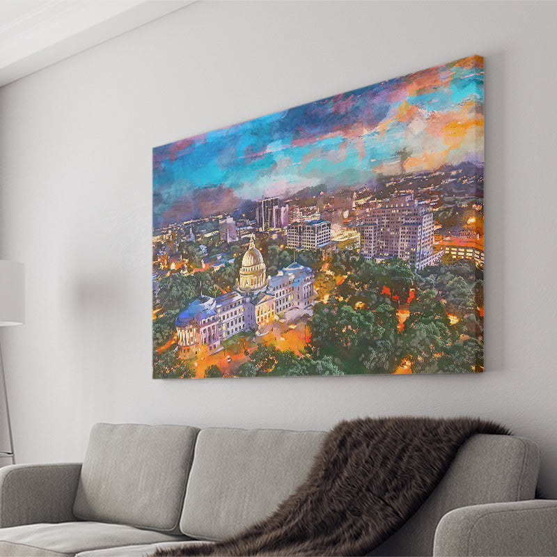 Jackson Mississippi Usa Skyline Over Capitol City Art Watercolor Canvas Prints Wall Art Home Decor, Large Canvas