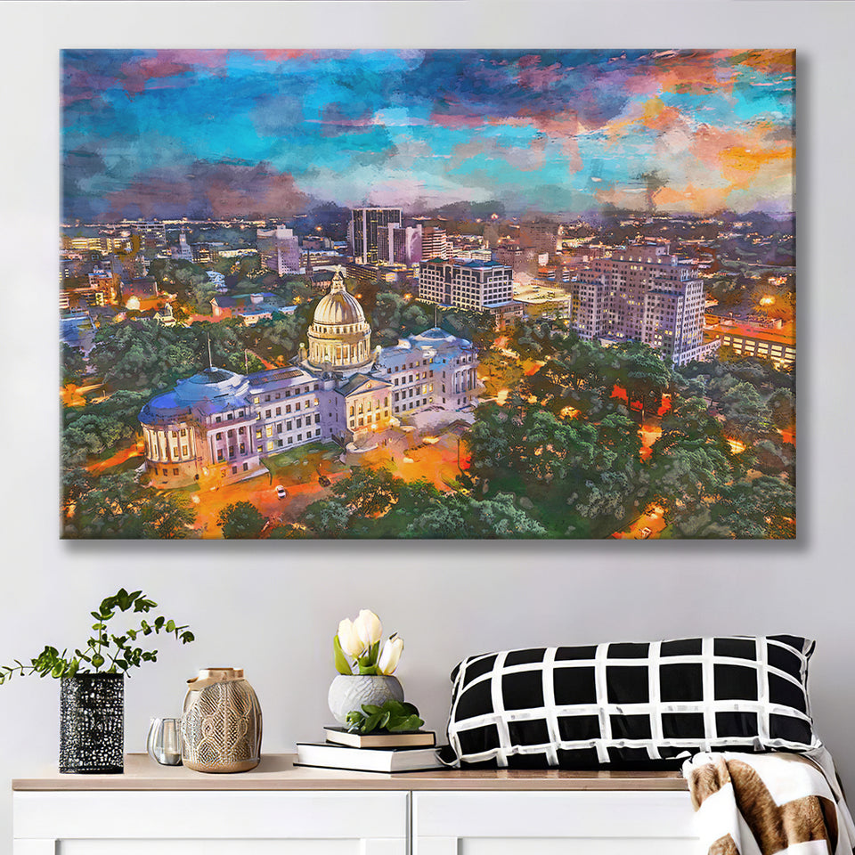 Jackson Mississippi Usa Skyline Over Capitol City Art Watercolor Canvas Prints Wall Art Home Decor, Large Canvas