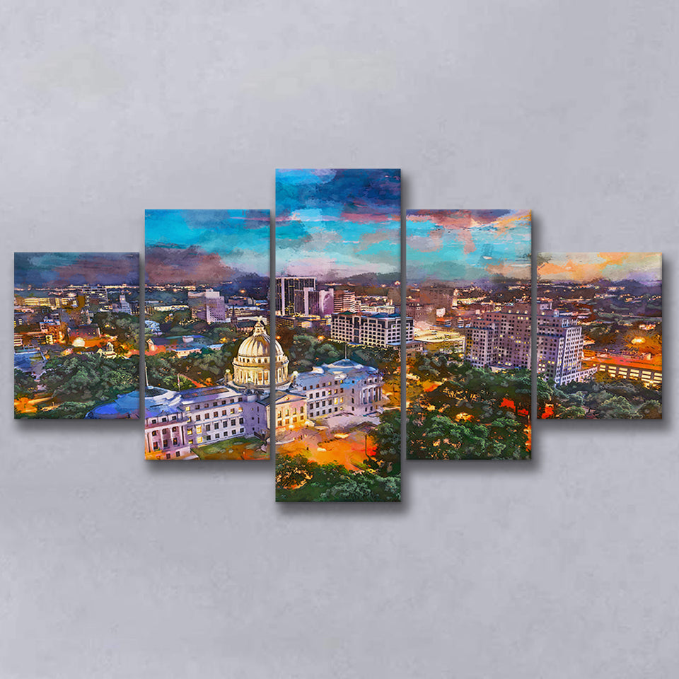 Jackson Mississippi Usa Skyline Over Capitol 5 Pieces Mixed Canvas Prints Wall Art Home Decor