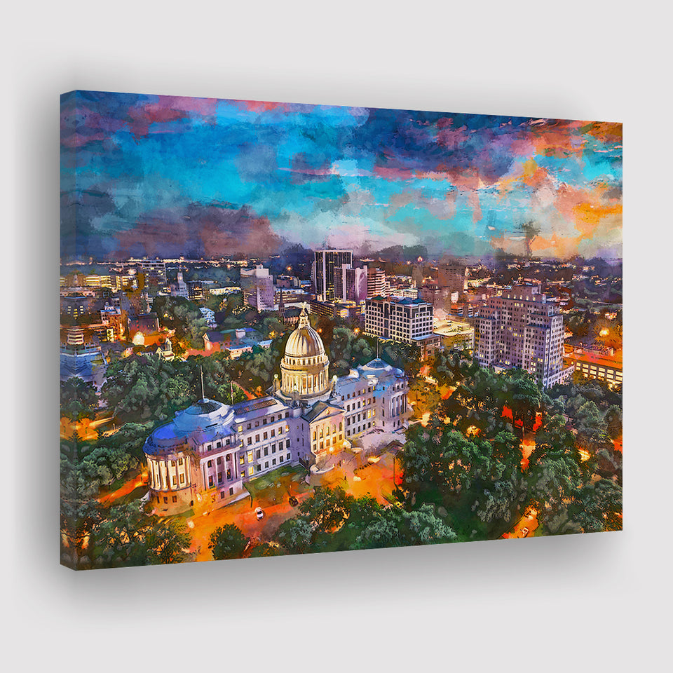 Jackson Mississippi Usa Skyline Over Capitol City Art Watercolor Canvas Prints Wall Art Home Decor, Large Canvas