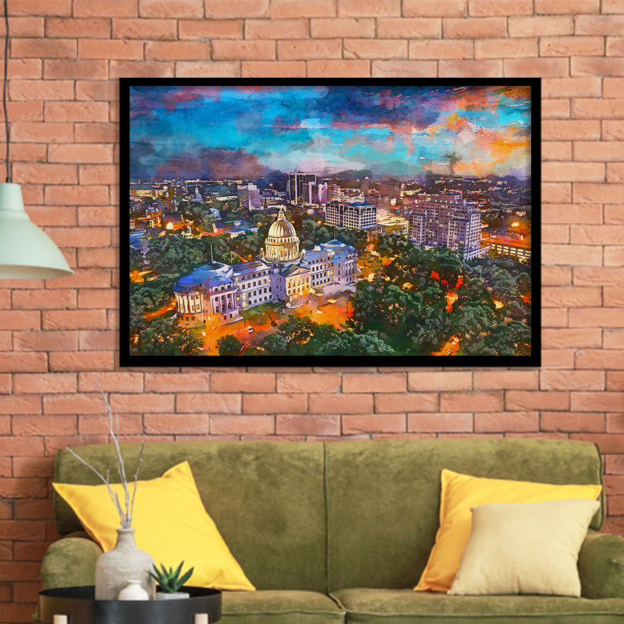 Jackson Mississippi Usa Skyline Over Capitol City Art Watercolor Framed Art Prints Wall Art Decor,Framed Picture