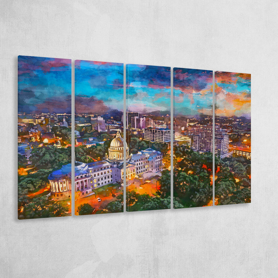 Jackson Mississippi Usa Skyline Over Capitol 5 Pieces Extra Large Canvas Prints Wall Art Home Decor
