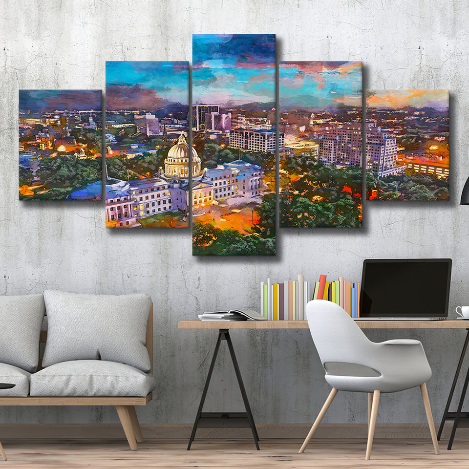 Jackson Mississippi Usa Skyline Over Capitol 5 Pieces Mixed Canvas Prints Wall Art Home Decor