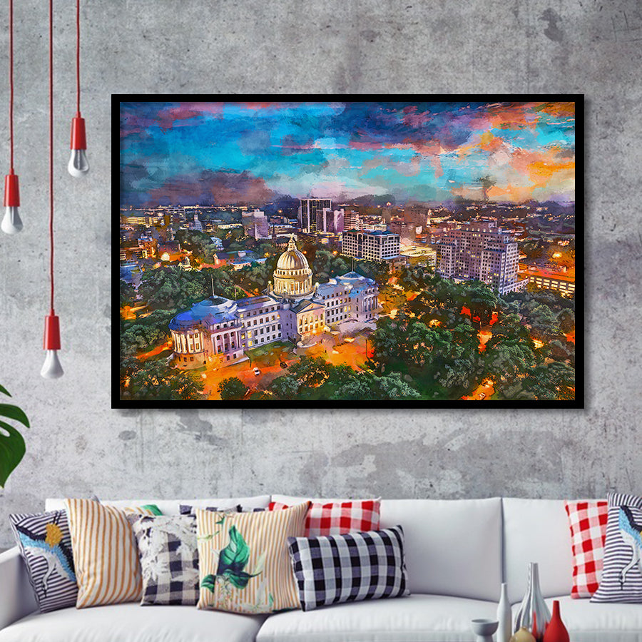 Jackson Mississippi Usa Skyline Over Capitol City Art Watercolor Framed Art Prints Wall Art Decor,Framed Picture