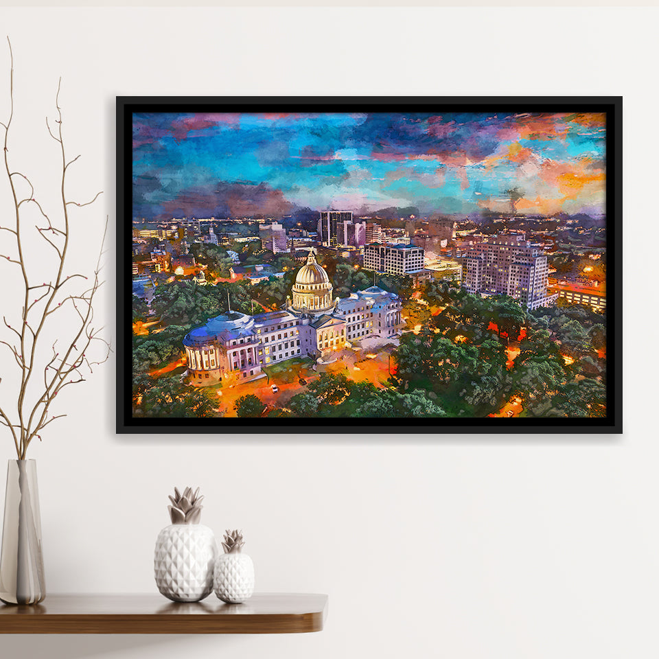 Jackson Mississippi Usa Skyline Over Capitol City Art Watercolor Framed Canvas Prints Wall Art Home Decor,Floating Frame