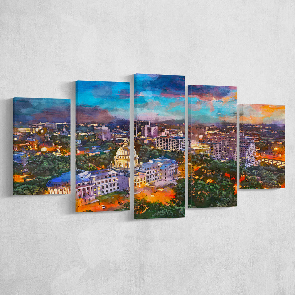 Jackson Mississippi Usa Skyline Over Capitol 5 Pieces Mixed Canvas Prints Wall Art Home Decor
