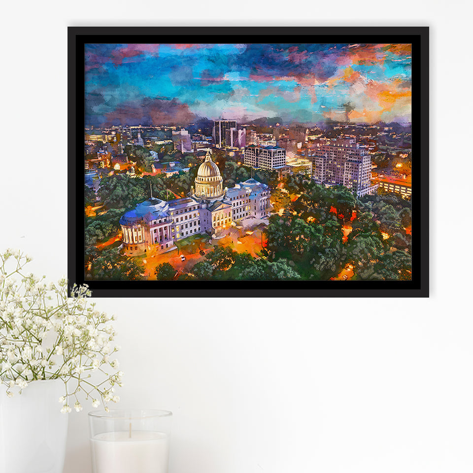 Jackson Mississippi Usa Skyline Over Capitol City Art Watercolor Framed Canvas Prints Wall Art Home Decor,Floating Frame
