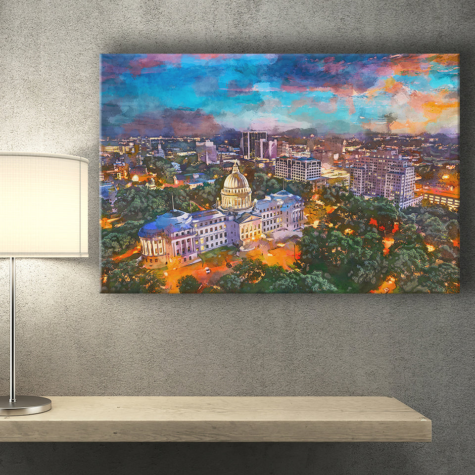 Jackson Mississippi Usa Skyline Over Capitol City Art Watercolor Canvas Prints Wall Art Home Decor, Large Canvas