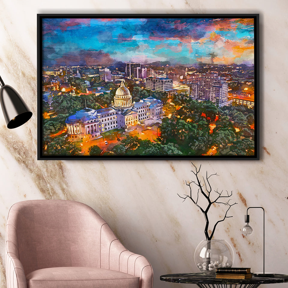 Jackson Mississippi Usa Skyline Over Capitol City Art Watercolor Framed Canvas Prints Wall Art Home Decor,Floating Frame